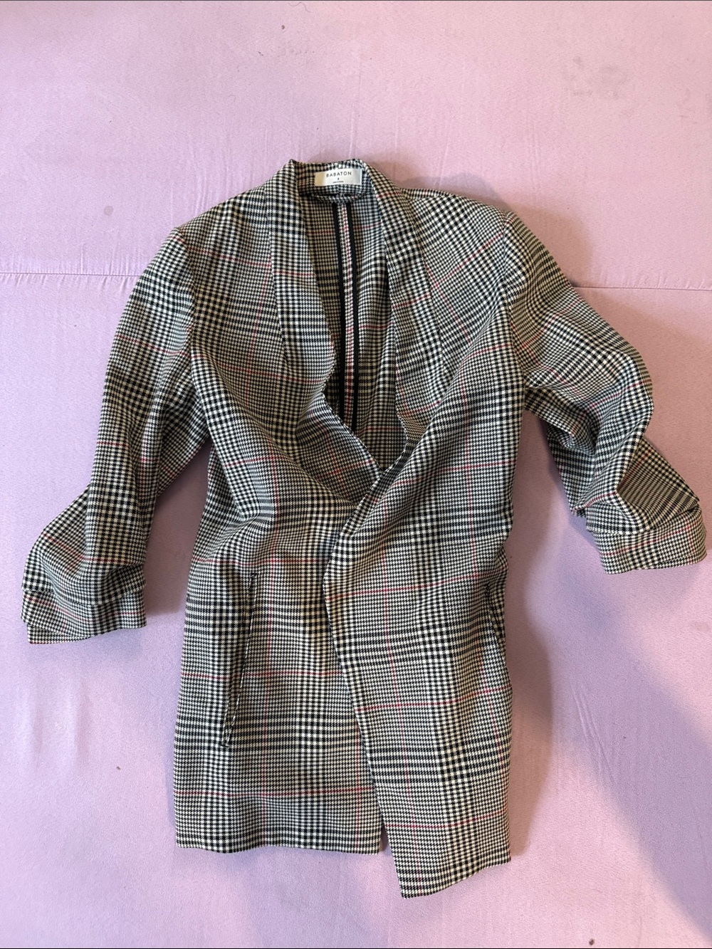 Babaton plaid Open-Front Blazer in Black & White with Subtle Red Windowpan